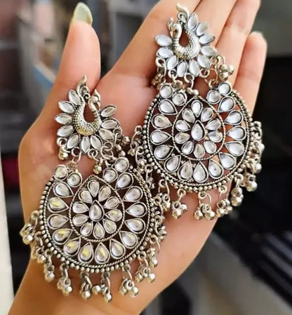 Kundan Afgani Silver Plated Long Jhumka earrings, Layerd Earrings,Mirror Jhumka , Boho Hippie Earrings, Tribal Chandbali Jhumka, Jhumki