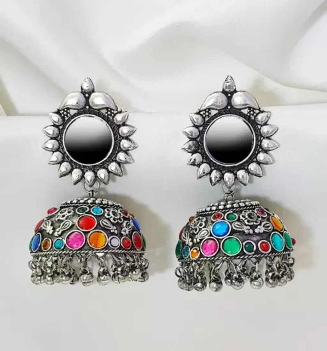 Surya Mirror Silver Earrings, Big Szie Jhumka Chandbaliyan, Gift For Her, Vintage Ghungroo Jhumka Earring, Bareli Jhumka Rajasthani Jhumka