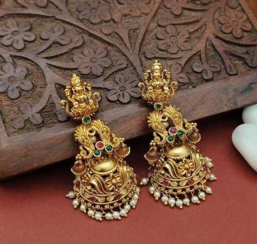 Traditional Goddess Laxmi Lakshmi Gold Jhumka, Temple Indian Jewelry Earring, Indian Jewelry, South Indian Earrings, Bridal Earrings