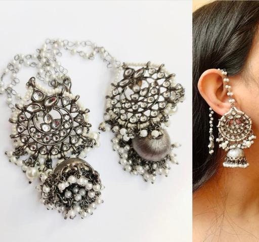 Premium Black Meenakari Pearls Earchain Jhumka, Bahubali Earrings, Earring Holders, Kashmiri Earrings, Punjabi Earrings Ear Support Chain