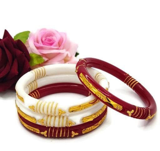 Sabysachi Bengali Gold Binding Bangles, Shakha Pola Bangles, Red White Copper Plated Bangles, Acrylic Bangles, Bangoli Acrylic Wedding Set