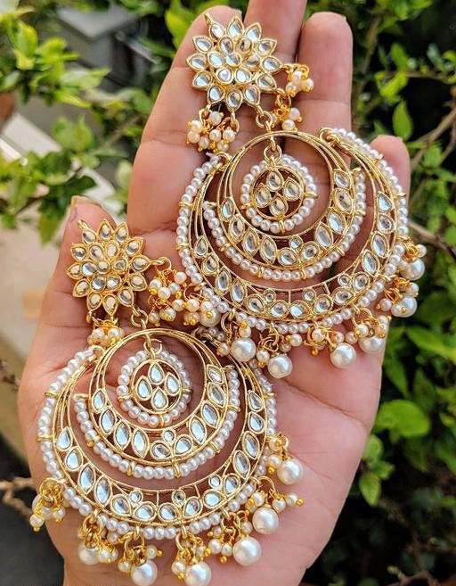 Indian Jewelry Gold Plated Bahubali Circular Stud Long Jhumka  Earrings, Kundan Chanbaliyan, Pakistani Kundan Earrings, Bahubali Jewelry