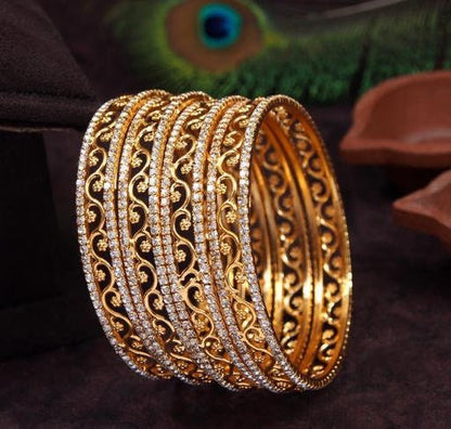 American Diamond Handcrafted Bangles Set, Golden Bangles, Gold Polished CZ Stone Bangles, Indian Wear Kada, Indian bracelet Set, Silver item