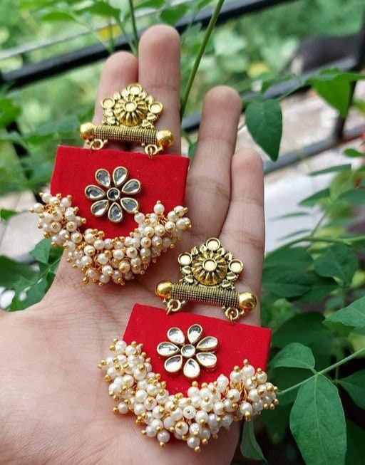 Handmade Imitation Earrings, Fabric Earrings, Kundan Earrings, Red Earrings, Golden Jhumka Earrings, Celebrity Style Ling Earrings