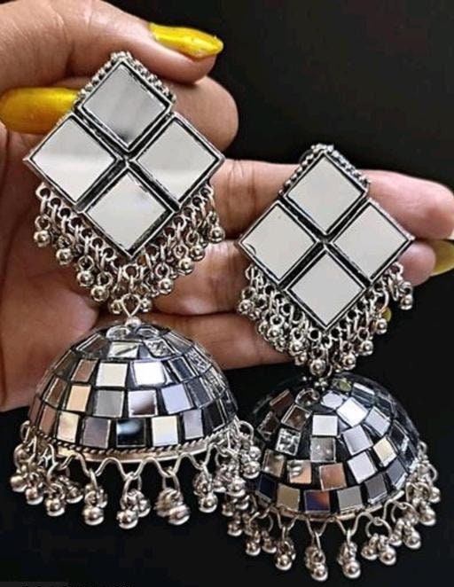 Mirror Long Silver Jhumka Earrings/ oxidized jhumka/ long jhumka/ heavy jhumka with tassel/ long jhumka/big jhumka earrings/long earrings