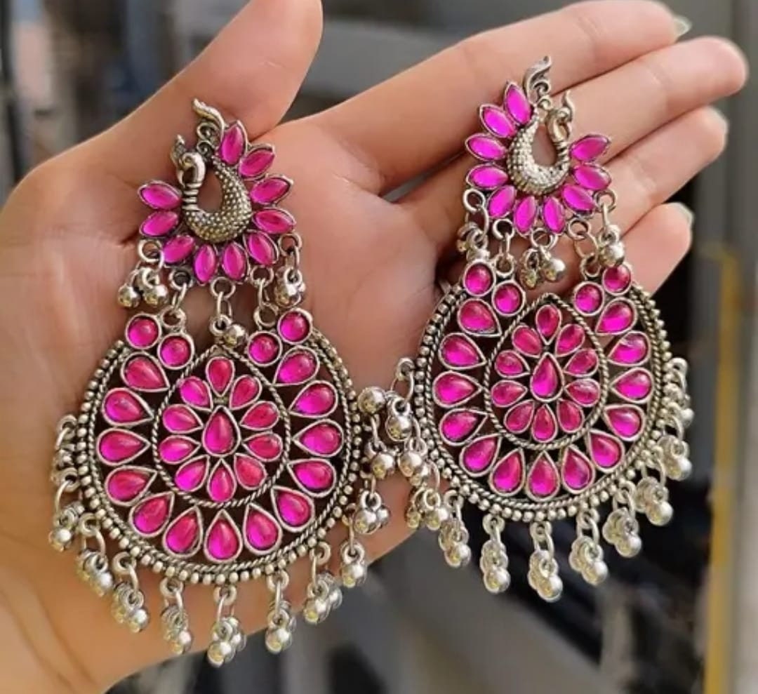 Kundan Afgani Silver Plated Long Jhumka earrings, Layerd Earrings,Mirror Jhumka , Boho Hippie Earrings, Tribal Chandbali Jhumka, Jhumki