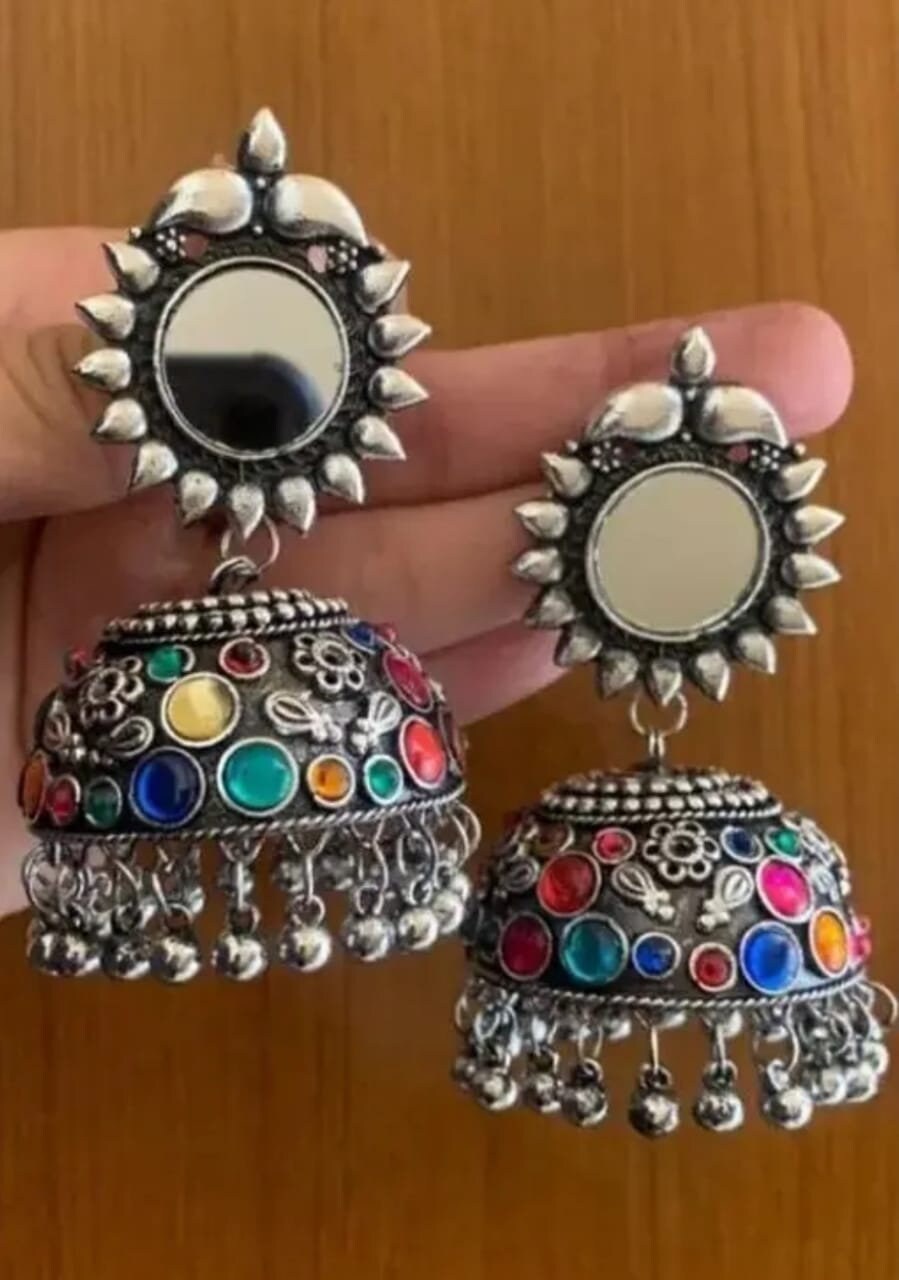 Surya Mirror Silver Earrings, Big Szie Jhumka Chandbaliyan, Gift For Her, Vintage Ghungroo Jhumka Earring, Bareli Jhumka Rajasthani Jhumka