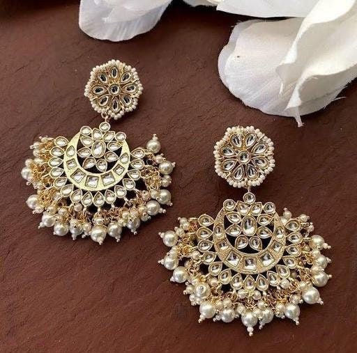 Bollywood Fashion Indian Jewelry, Punjabi Earrings, Gold Tone Jewelry, Meenakari Jhumka, Kundan Stones Jhumka Earrings, White Pearls Jewelry