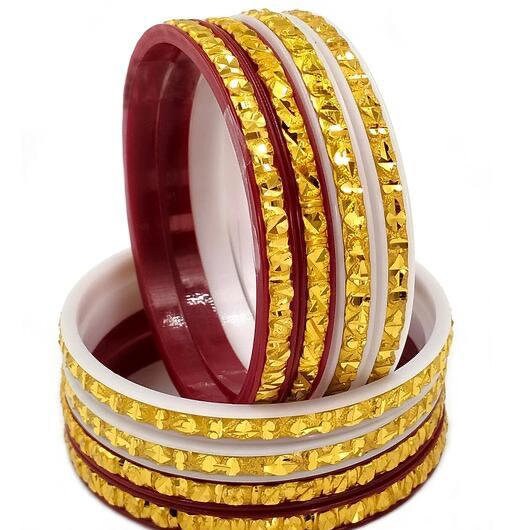 Pack Of 8 Mokor Mukh Sakha Pola Gold Binding Bengoli Bangles, Shakha Pola Bangles, Red White Copper Plated Bangles, Acrylic Bangoli Bangles