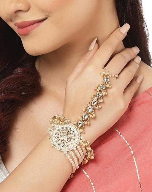 Beautiful Kundan Stone & Pearls Hath Phool, Adjustable Bracelet, Panja Bracelet, Gold Plated Ring Bracelet, Hand Accessories, Indian Jewelry