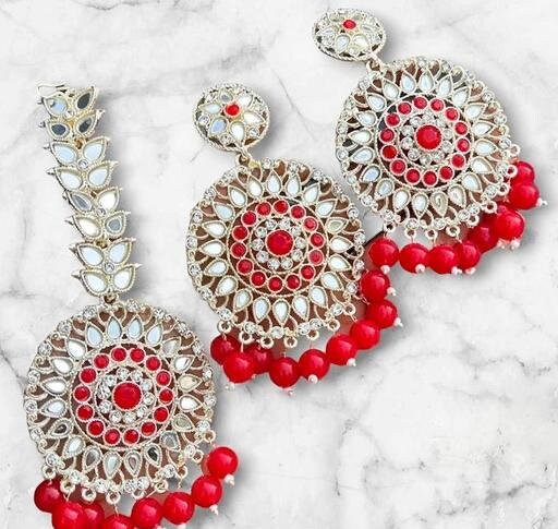 Mirror Chandbaaliyan, Gold Earrings With Maangtikka Set, 3 piece Jewelry, Kundan Maangtikka, Hair Mirror Work Tikka With Earrings