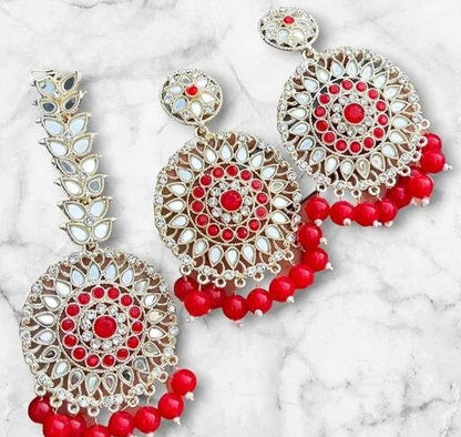 Mirror Chandbaaliyan, Gold Earrings With Maangtikka Set, 3 piece Jewelry, Kundan Maangtikka, Hair Mirror Work Tikka With Earrings