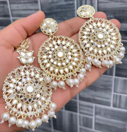 Mirror Chandbaaliyan, Gold Earrings With Maangtikka Set, 3 piece Jewelry, Kundan Maangtikka, Hair Mirror Work Tikka With Earrings