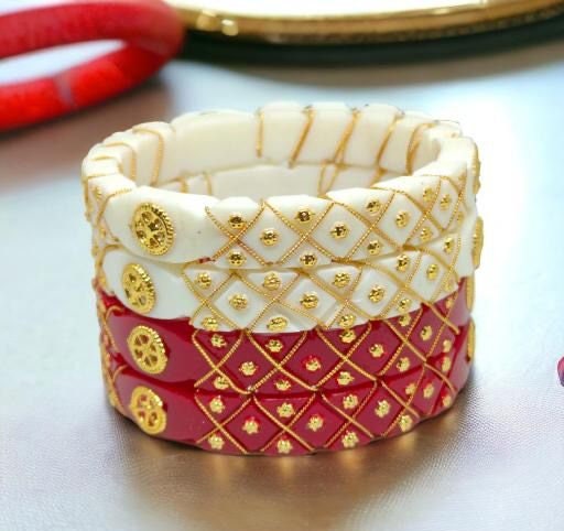 Indian Bengali Gold Binding Bangles, Shakha Pola Bangles, Red White Copper Plated Bangles, Acrylic Bangles, Bangoli Acrylic Wedding Set