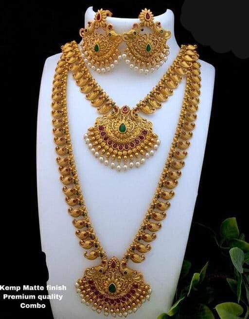 Indian Wedding Gold Necklace, Kemp Stone Matte Finish Copper Gold Plated Ethnic Jewelry Set, Necklace Set, Long Haram Choker Set For Women,