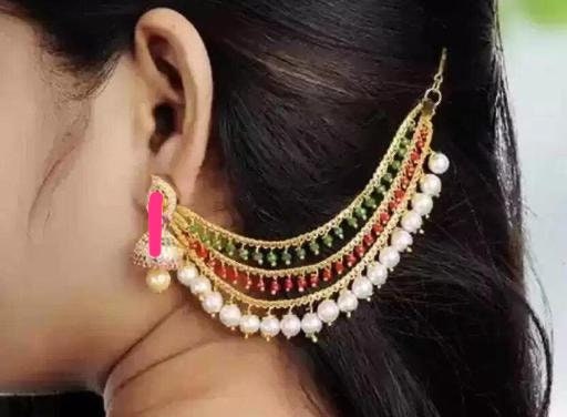 Pearls Gold Plated Bahubali Style Circular Stud Hair Chain, Kundan Chanbaliyan, Kundan Sahara, Bahubali Jewelry, Kundan Ear Chain Set