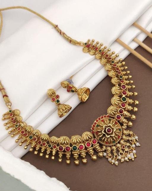 South Indian Bridal Antique Matte Gold Finish Choker Set, Earrings, Handmade Gold Beaded Saree Jewelry Chic Necklace Set, Minimalist Jewelry