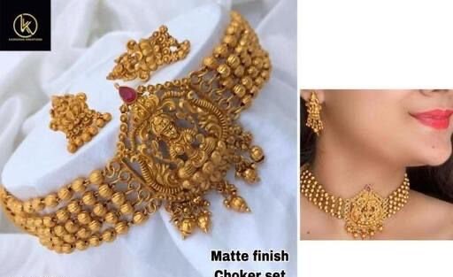 Gold Beaded South Indian Bridal Antique Matte Choker Set, Earrings, Handmade Gold Beaded Saree Jewelry Chic Necklace Set, Minimalist Jewelry