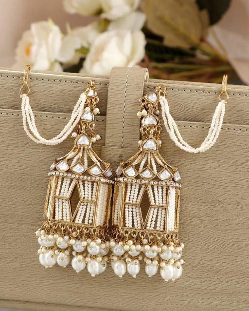 Rajwadi Long Kundan Chain Style Earrings, Pearls Kundan Long Earrings, Pakistani Earrings, Chain Style Earrings, Kundan Earrings