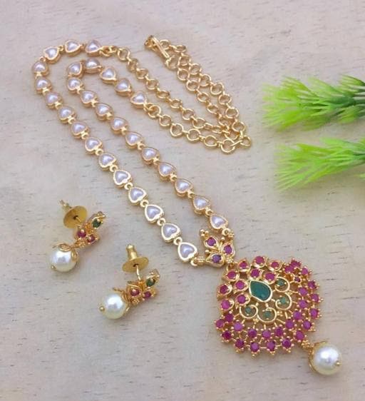 Handmade Long Cubic Zirconia Pendant Attached Pearls Long Neckchain Set, Gold Tinny Ethnic Indian Pearls Long Saree Chain Jewelry