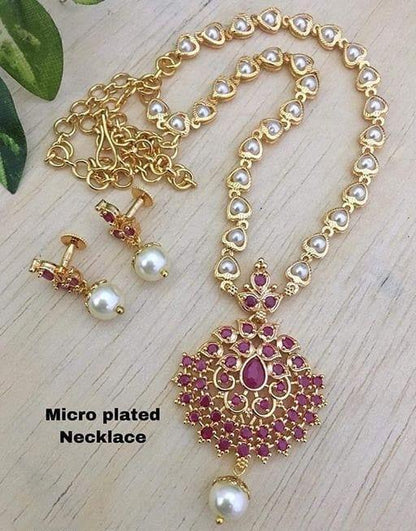 Handmade Long Cubic Zirconia Pendant Attached Pearls Long Neckchain Set, Gold Tinny Ethnic Indian Pearls Long Saree Chain Jewelry