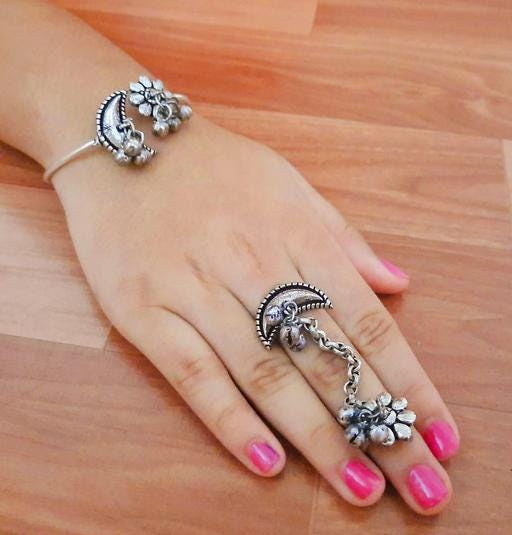 Beautiful Ethnic Floral Look Ring And Openable Bracelet Set, Silver Bracelet, Minimalist Bracelet, Free Size Bangles, Bracelet For Women