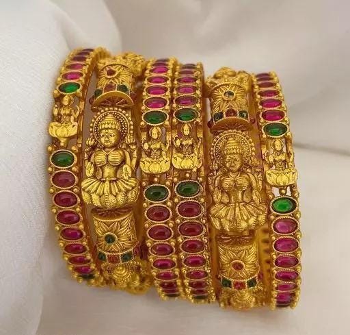 Temple Gold Banges Set, Indian Laxmi Ma Gold Bangles Set, Indian Jewelry, Gold Bangles, Indian Bangles, Bracelet Set, Hand Accessories