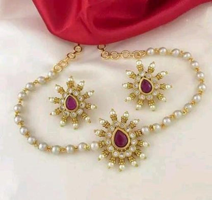 Minimalist Pearls Ruby Kundan Studded Bridal Gold Finish Choker Set, Earrings, Beaded Saree Jewelry Chic Necklace Set, Minimalist Jewelry