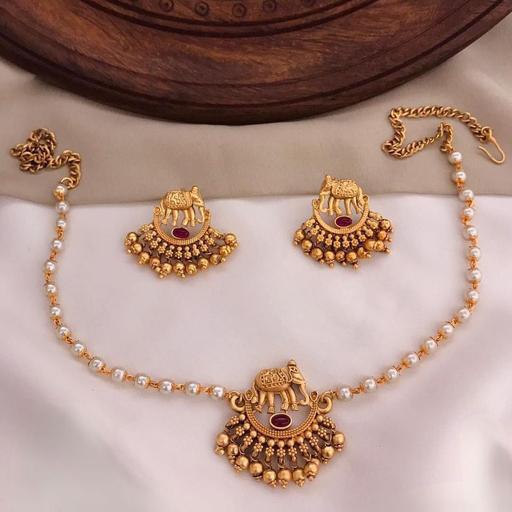 Elephant Pendant Long Pearls Chain Gold Finish Necklace Set, Earrings, Beaded Saree Jewelry Chic Necklace Set, Minimalist Jewelry