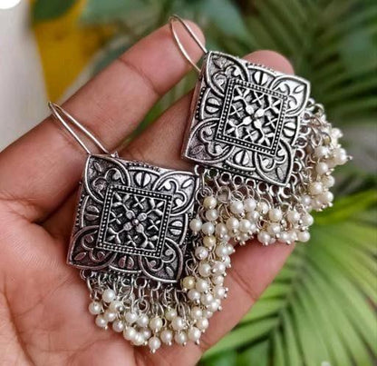 Kalamkari Afghani Silver Plated Long Jhumka earrings, Layerd Earrings,Pearls Jhumka , Boho Hippie Earrings, Tribal Chandbali Jhumka, Jhumki