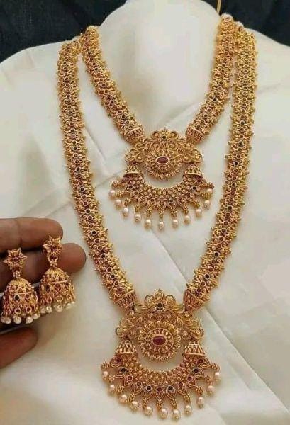 South indian Gold Plated Long Haram With Chokar Bridal Necklace Set, Handmade Jewelry, Indian Jewelry, Jhumka, Jhumki, Ethnic Jewelry, Gifts