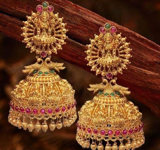 Temple South Indian Copper Matter Gold Plated Earrings, Kundan Chanbaliyan, Kundan Earrings, Bahubali Jewelry, South Indian Jhumka Earrings