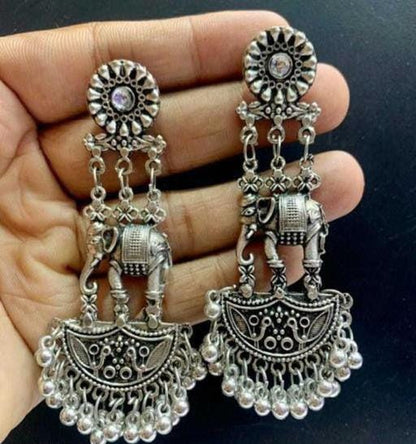 Elephant Hanging Long Silver Indian Jhumka, Indian Jhumka, Silver Ghugru Jhumki, Lound Sound Big Indian Earrings, Boho Hippie Style Earrings