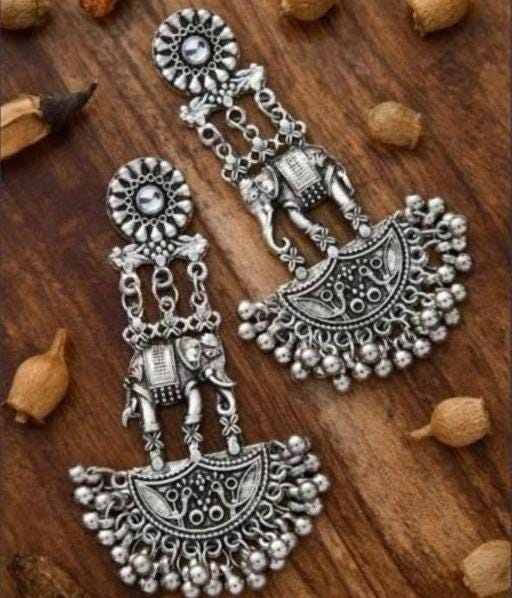 Elephant Hanging Long Silver Indian Jhumka, Indian Jhumka, Silver Ghugru Jhumki, Lound Sound Big Indian Earrings, Boho Hippie Style Earrings