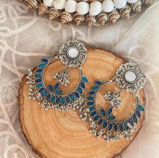 Mirror Hoop Blue Stone Afghani Silver Plated Long Jhumka earrings, Mirror Jhumka , Boho Hippie Earrings, Tribal Chandbali Jhumka, Jhumki