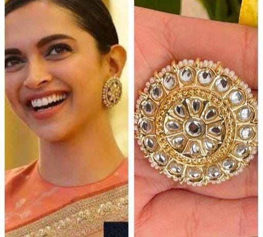 Stylish Golden Bollywood Celebrity Deepika Padukon Inspired Stud Earrings, Gold Stud Earrings, Kundan Chanbaliyan, Kundan Golden Earrings