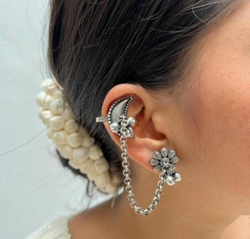 Oxidised Indian Earcuff Jhumka, Indian Floral Silver Ghugru Jhumki, Lound Sound Big Indian Jhumka Earrings, Boho Hippie Style Earrings