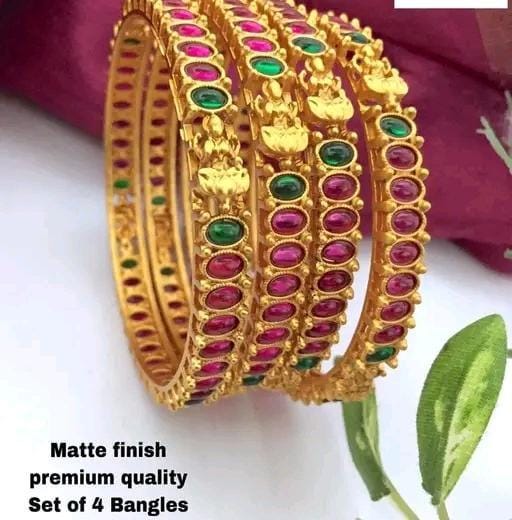 Temple Pink-Green Stone Designer Handcrafted Bangles Set, Golden Bangles, Gold Polished CZ Stone Bangles, Indian Wear Gold bracelet Set