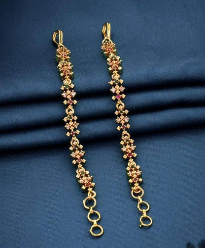 Onegram Gold Plated AD Studded Earchain, Pearls Kundan Long Ear sahara, Pakistani Earrings, Chain Earrings, Kundan Ear Holders, Hair Chain