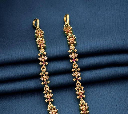 Onegram Gold Plated AD Studded Earchain, Pearls Kundan Long Ear sahara, Pakistani Earrings, Chain Earrings, Kundan Ear Holders, Hair Chain