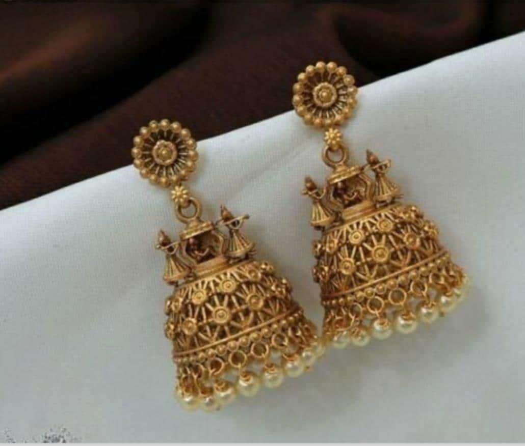 Gold Long Temple Stylish Gold Plated Bell Jhumka Earrings, Kundan Chanbaliyan, Drop & Dangle Pearls golden Jhumka Earrings