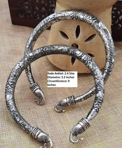 Kalamkari German Silver Anklet Kada/ Anklet With Elephant Charm/ Handmade Silver Anklets/ Ghungroo Silver Anklet kada Pair / Ghungroo Payal