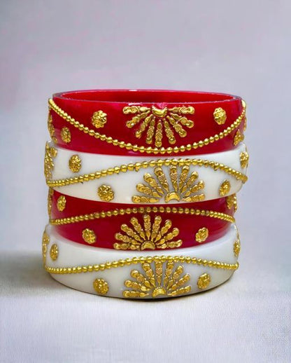 Rajasthani Inspired Sakha Pola Bangles, Intricate Gold binding Red White Pola Bangles, Indian New designer bangoli bangles, Ethnic Bangles