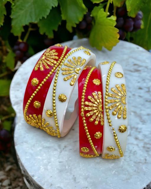 Rajasthani Inspired Sakha Pola Bangles, Intricate Gold binding Red White Pola Bangles, Indian New designer bangoli bangles, Ethnic Bangles