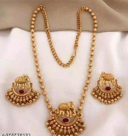 Elephant Long Golden Beads Pendant Chain Gold Finish Necklace Set, Earrings, Beaded Saree Jewelry Chic Necklace Set, Minimalist Jewelry