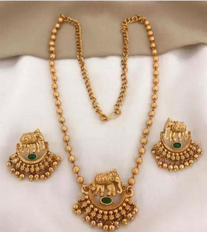 Elephant Long Golden Beads Pendant Chain Gold Finish Necklace Set, Earrings, Beaded Saree Jewelry Chic Necklace Set, Minimalist Jewelry