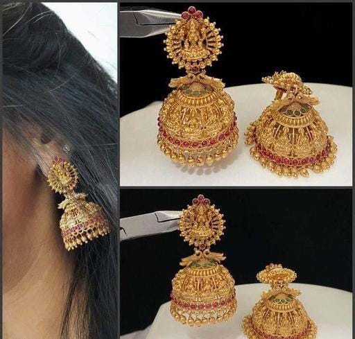 Temple South Indian Copper Matter Gold Plated Earrings, Kundan Chanbaliyan, Kundan Earrings, Bahubali Jewelry, South Indian Jhumka Earrings