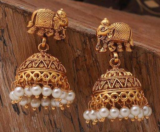 Elephant Temple South Copper Gold Plated Earrings, Kundan Chanbaliyan, Kundan Earrings, Bahubali Jewelry, South Indian Jhumka Earrings