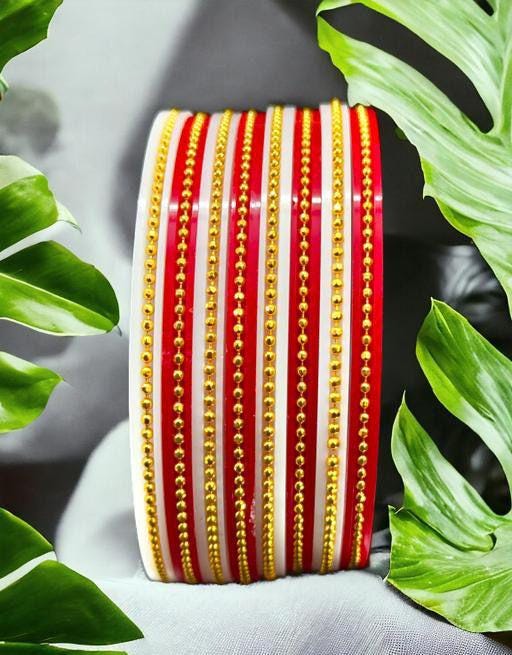 Pack Of 8 Red White Moti Gold Binding Pola Bangles, Shakha Pola Bangles, White Bangles, Acrylic Bangles, Bangoli Bangle, Golden Pola Bangles