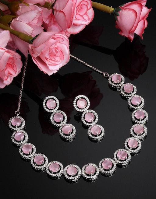 Cubic Zirconia Pink Silver AD Stone Bridal Antique Matte Choker Set, Earrings, Handmade CZ Jewelry Chic Necklace Set, Minimalist Jewelry